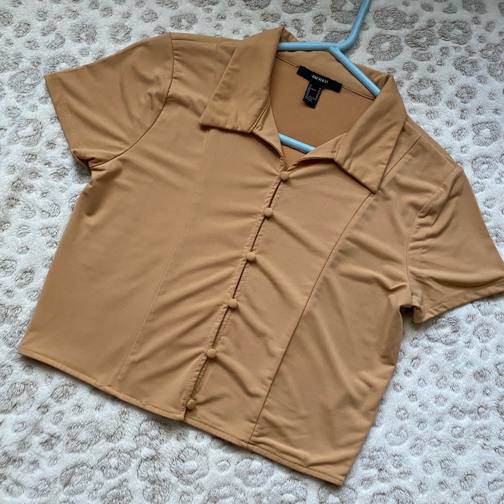 forever 21 cropped yellow button up short sleeve pullover women
